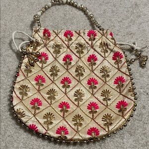 Embroidered Drawstring Potli Bag in Cream and Hot Pink